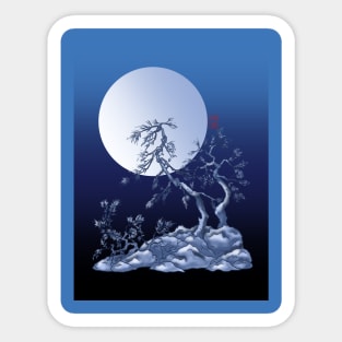 blue sumiE ink and watercolor japanese pine trees under a full moon Sticker